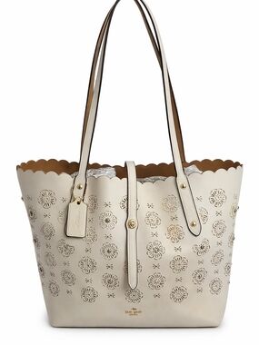 Coach Market Tote Cutout Tea Rose Leather White Floral Tote Bag Purse Large